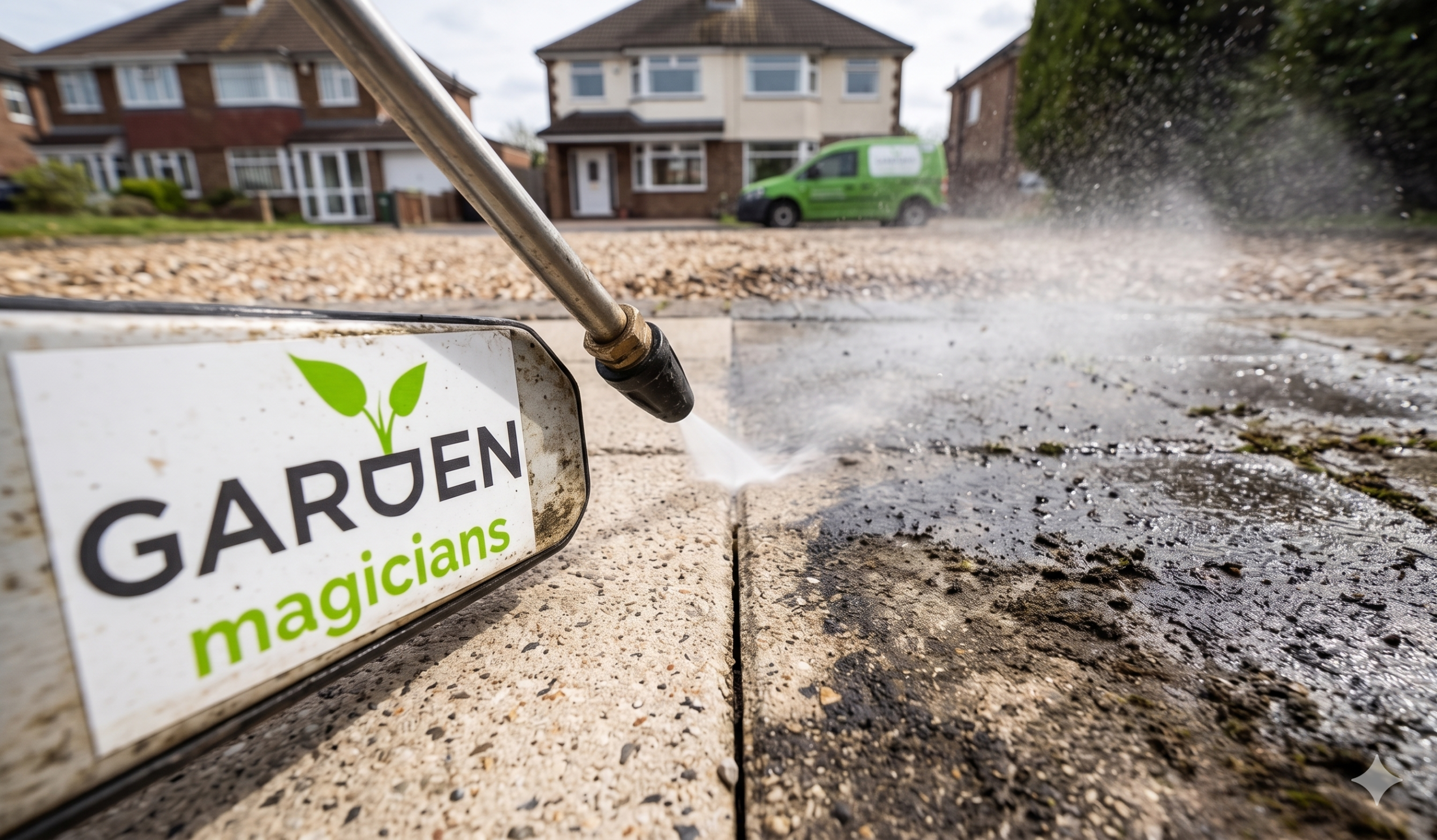 high-pressure jet washing driveway